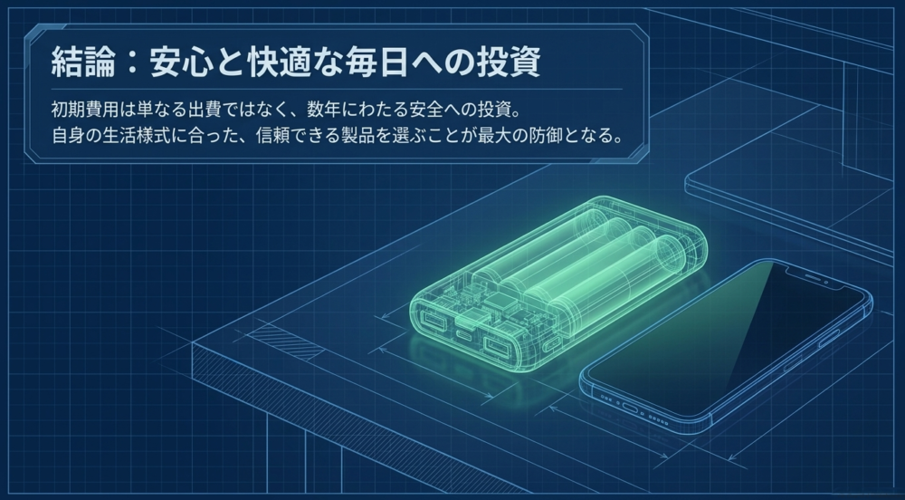 スマートフォンとモバイルバッテリーの透視図とともに、初期費用は数年にわたる安全への投資であると結んだスライド