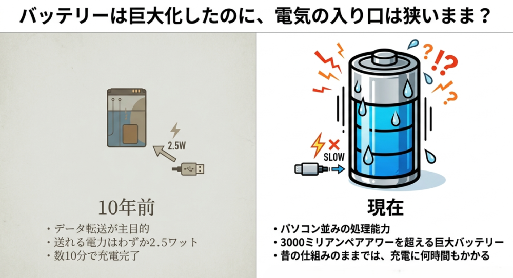 10年前のガラケー時代と現代のスマートフォンにおけるバッテリー容量と充電能力の違いを比較したスライド