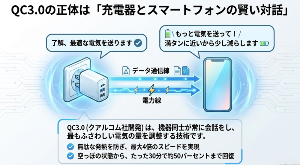 充電器とスマートフォンが通信し、無駄な発熱を防ぎながら最適な電気量を調整するQC3.0のINOV機能を図解したスライド