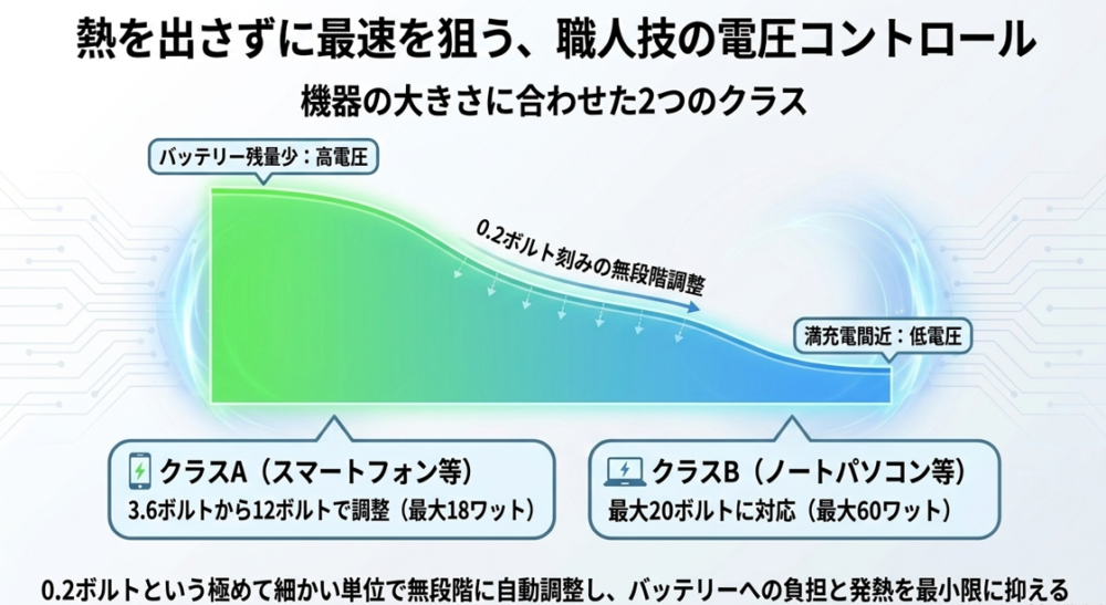 スマホ向けのClass A（最大18W）とノートパソコン向けのClass B（最大60W）の出力仕様と、0.2V刻みの無段階調整を解説したスライド
