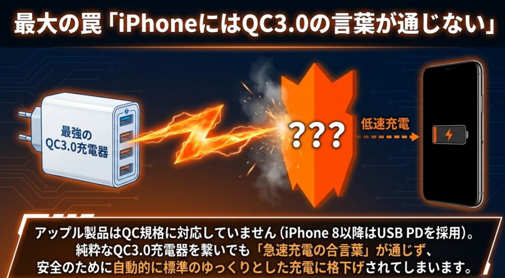 Apple製品であるiPhoneはQC規格に非対応であり、専用充電器を使っても急速充電の通信ができず低速充電になることを説明したスライド