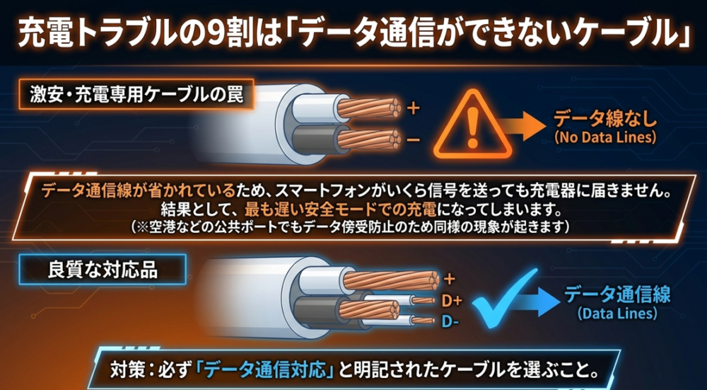 充電専用の激安ケーブルではデータ通信線が省かれているため、急速充電の信号が充電器に届かず低速充電になる仕組みを解説したスライド