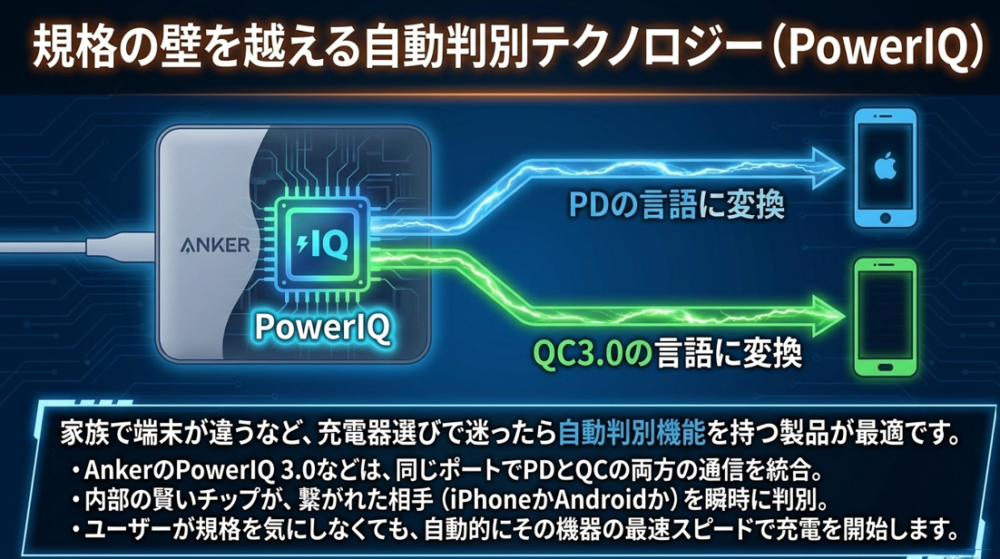 PowerIQ技術が接続された端末に合わせてPDやQCの規格を自動判別し、フルスピードで充電する仕組みを解説したスライド