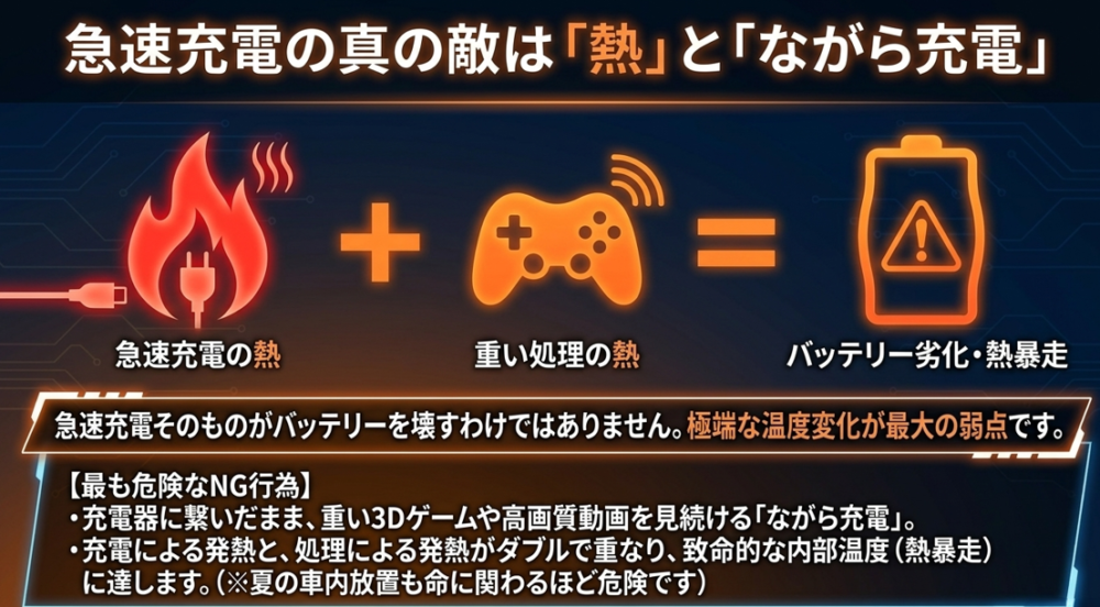 急速充電の発熱とスマートフォンの重い処理による発熱が重なる「ながら充電」が、バッテリー劣化や熱暴走を引き起こす危険性を解説したスライド