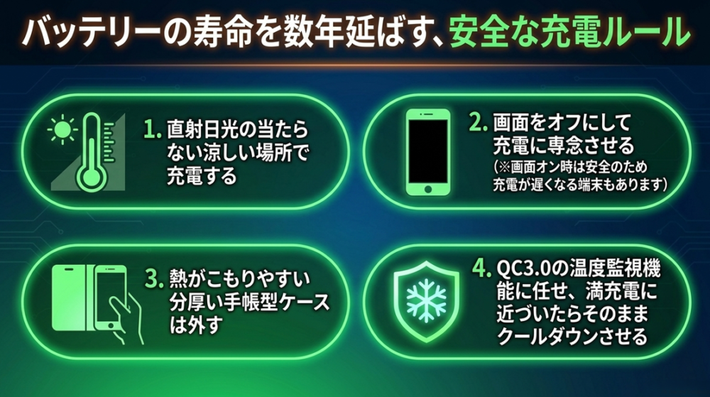 直射日光を避ける、画面をオフにする、手帳型ケースを外すなど、バッテリー寿命を延ばすための4つの具体的な安全ルールをまとめたスライド