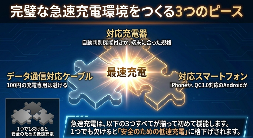 対応充電器、データ通信対応ケーブル、対応スマホの3つが揃って急速充電が機能することと、快適な充電ライフのための4つの絶対ルールを振り返るまとめスライド