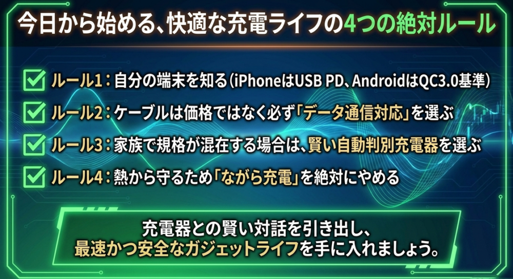 対応充電器、データ通信対応ケーブル、対応スマホの3つが揃って急速充電が機能することと、快適な充電ライフのための4つの絶対ルールを振り返るまとめスライド