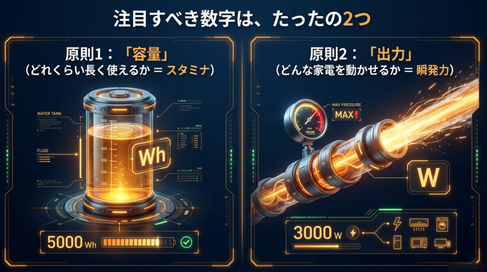 ポータブル電源選びで注目すべき「容量（スタミナ）」と「出力（瞬発力）」の2つの原則を表した図解。