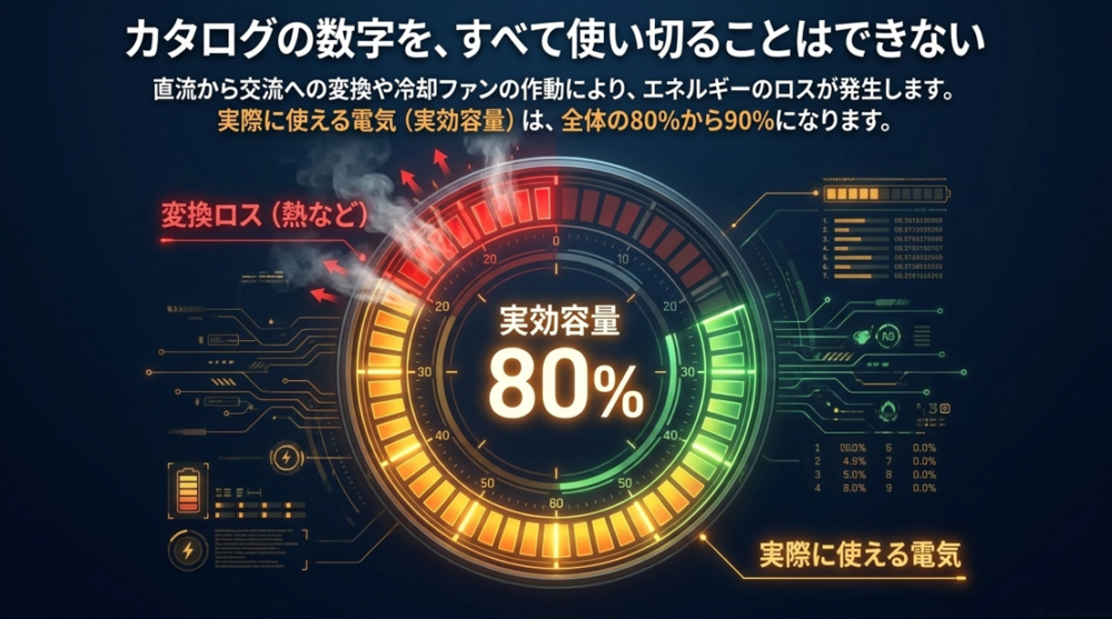 変換ロスにより、実際に使える電気（実効容量）が約80%になることを示すデジタルメーターの図解。
