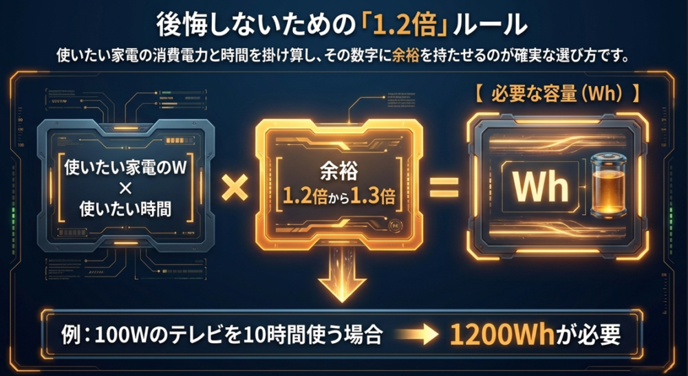 使いたい家電のW数&times;使いたい時間に対して、1.2倍から1.3倍の余裕を持たせて必要な容量を計算する図解。