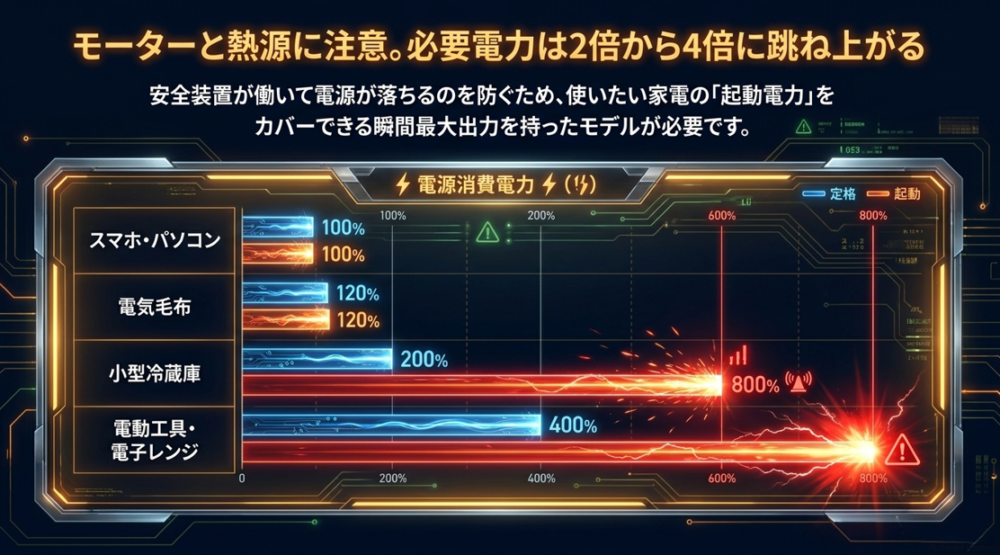スマホから電動工具・電子レンジまで、家電ごとに起動電力が定格の何倍に跳ね上がるかを示したグラフ。