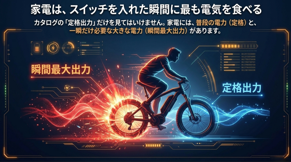 スイッチを入れた瞬間に必要な大きな電力（瞬間最大出力）と、普段の電力（定格出力）の違いを表した
