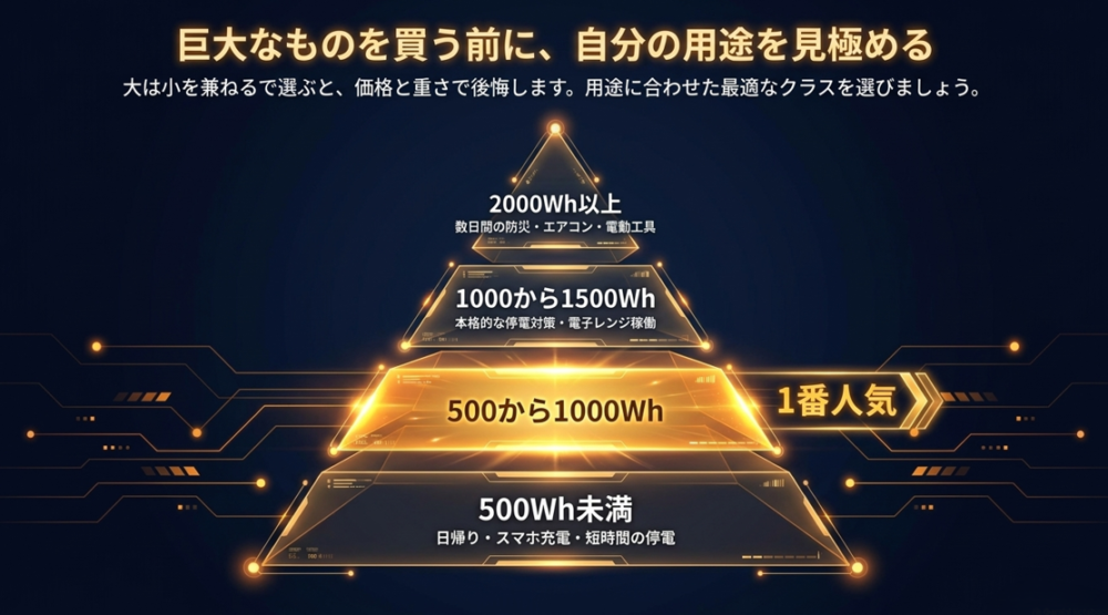 500Wh未満から2000Wh以上まで、4段階の容量クラスとそれぞれの用途目安を表したピラミッド図。