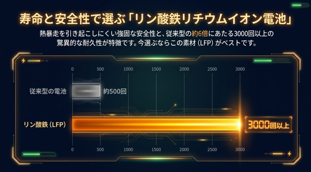 従来型の電池（約500回）とリン酸鉄リチウムイオン電池（3000回以上）の寿命の長さを比較したグラフ。
