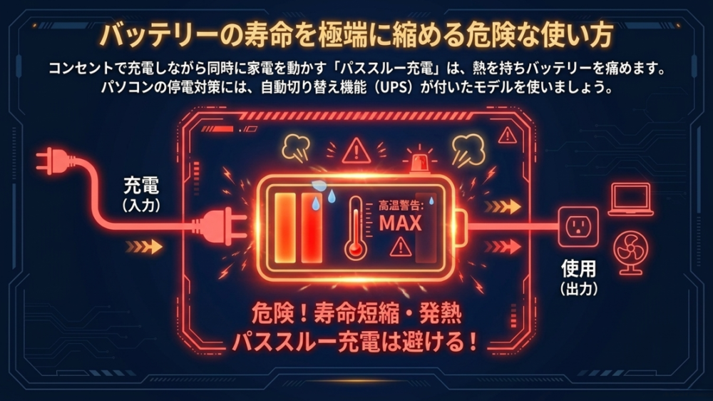 ポータブル電源を充電しながら同時に家電を使用する「パススルー充電」が、発熱や寿命短縮の原因になることを警告するイラスト。