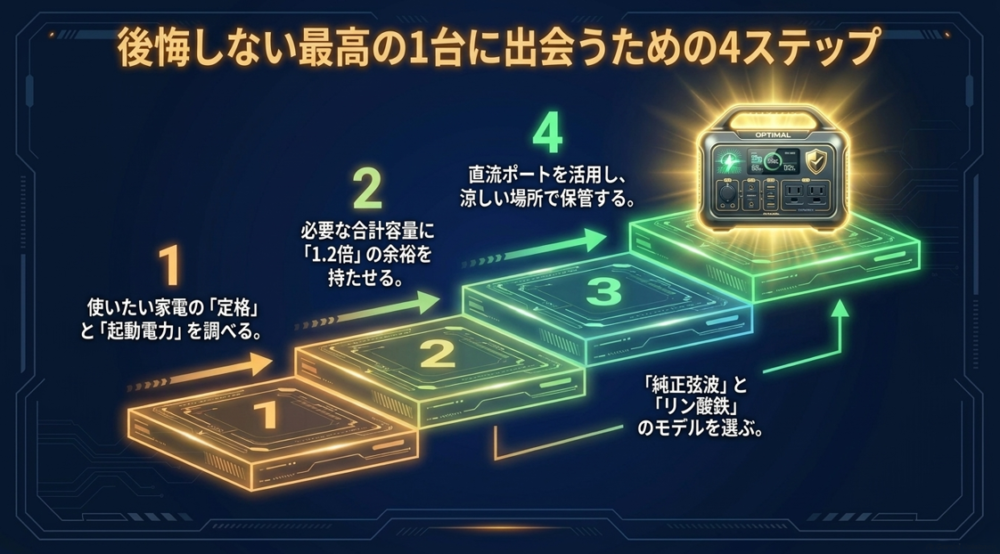 容量確認から保管方法まで、ポータブル電源選びを成功させるための4つのステップを図解した階段状のイラスト。