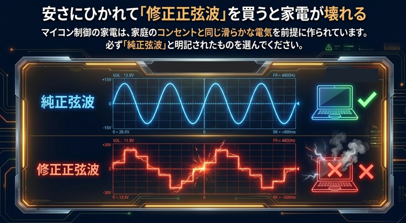 滑らかな曲線の純正弦波（正常稼働）と、階段状の修正正弦波（エラー発生）の波形を比較した図解。