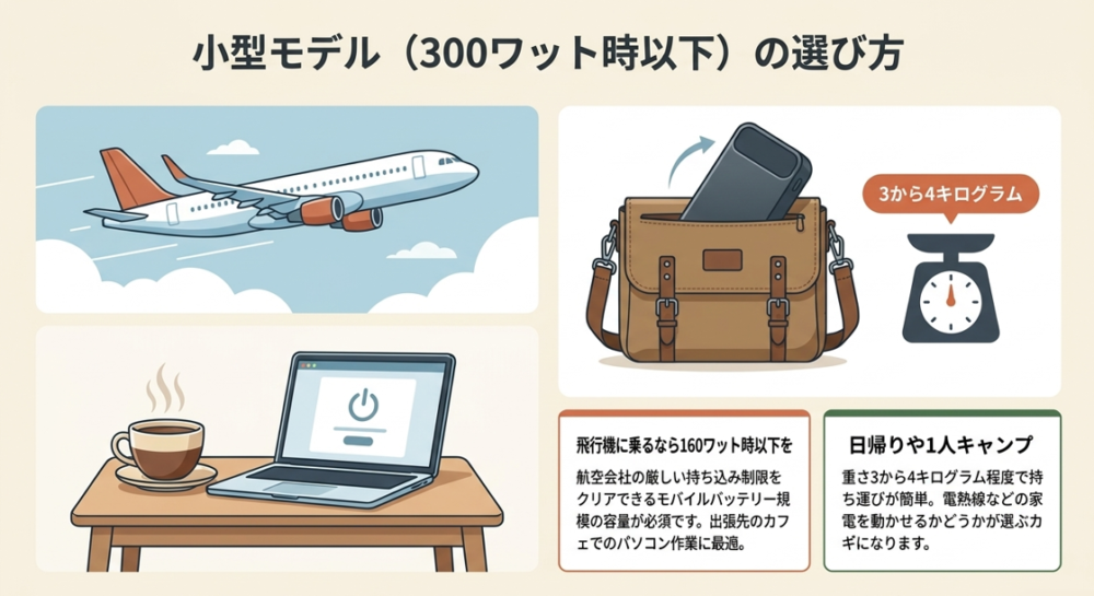 300Wh以下の小型ポータブル電源の選び方。重さ3〜4kgと軽量で、機内持ち込みや日帰り・ソロキャンプに最適
