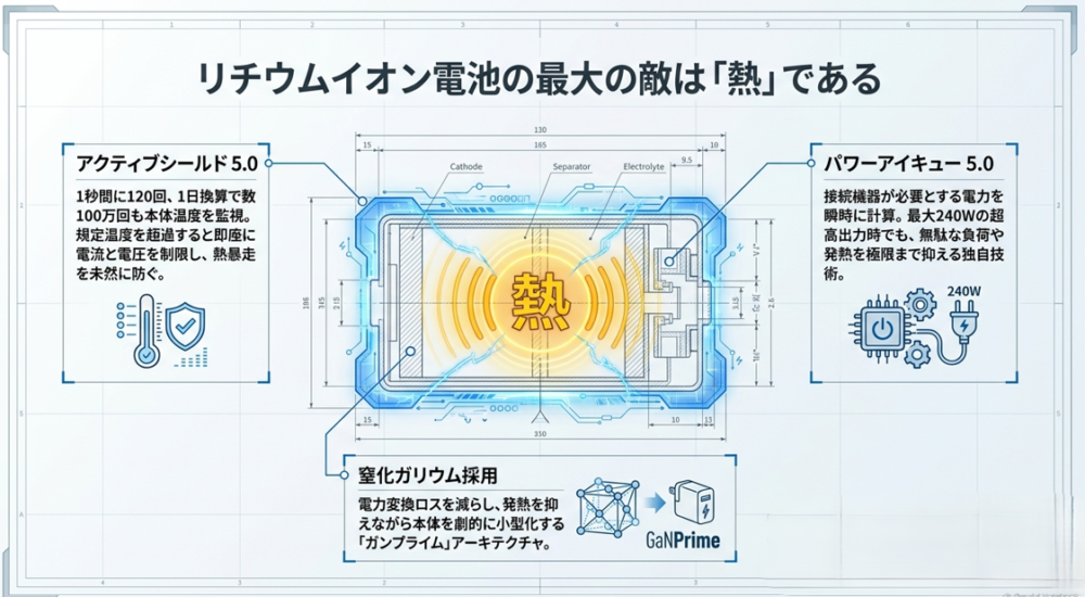 AnkerのActiveShield 5.0による温度監視やPowerIQ 5.0の電力配分、GaNPrimeの構造を解説した図解