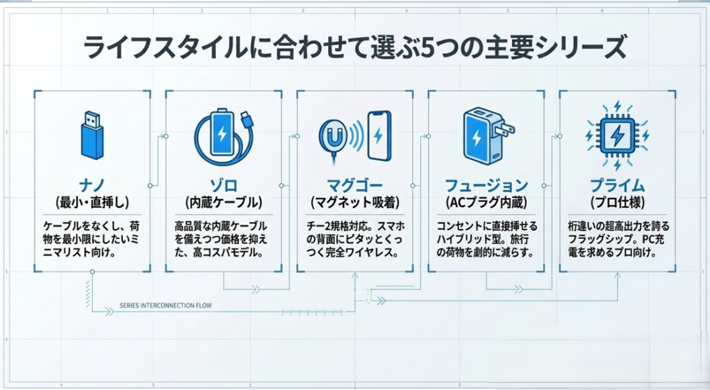 Nano、Zolo、MagGo、Fusion、Primeの5つのシリーズの特徴をまとめた比較図