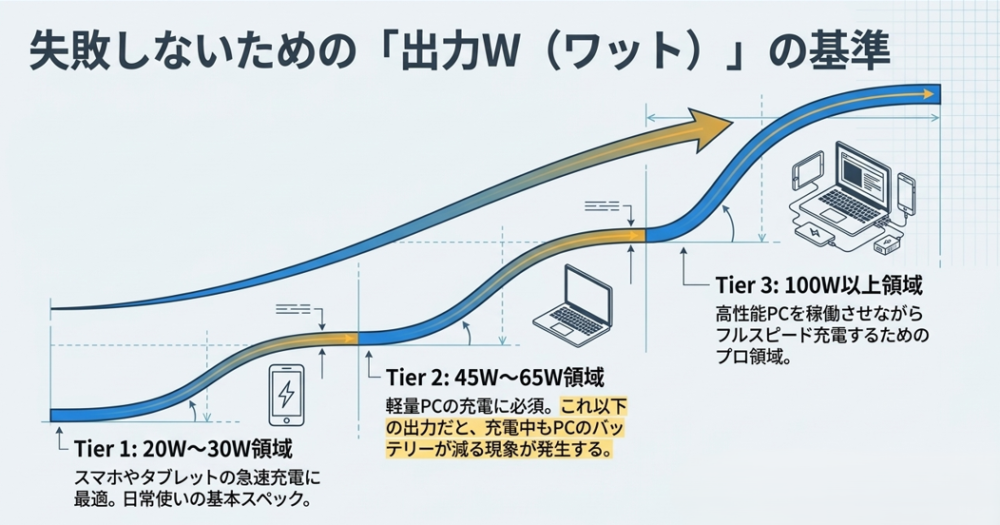 スマホ向けの20W〜30Wから、PC向けの100W以上まで、用途別に出力W数の目安を示したグラフ