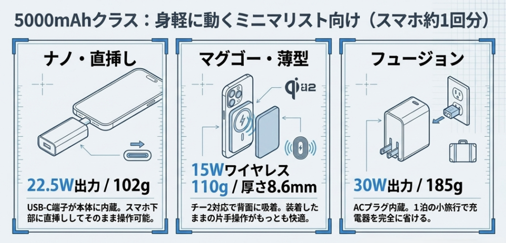 ナノ直挿し、マグゴー薄型、フュージョンの各5000mAhモデルの特徴と用途を解説したマトリックス図