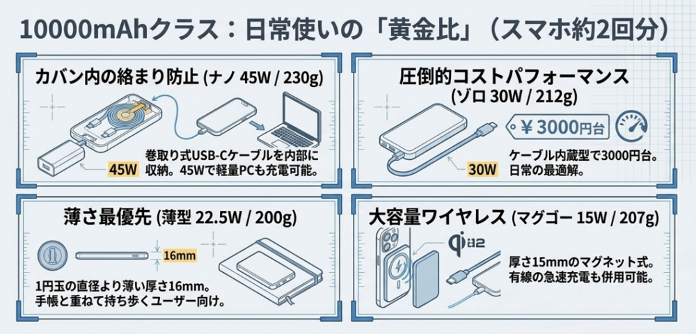 Nano 45W、Zolo 30W、薄型22.5W、MagGo大容量モデルなど、10000mAhクラスの特徴をまとめたマトリックス図