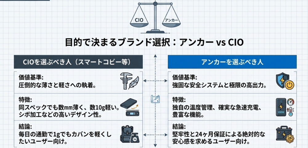 薄さと軽さを追求するCIOと、安全技術と高出力を誇るAnkerのそれぞれのターゲット層を示した比較図