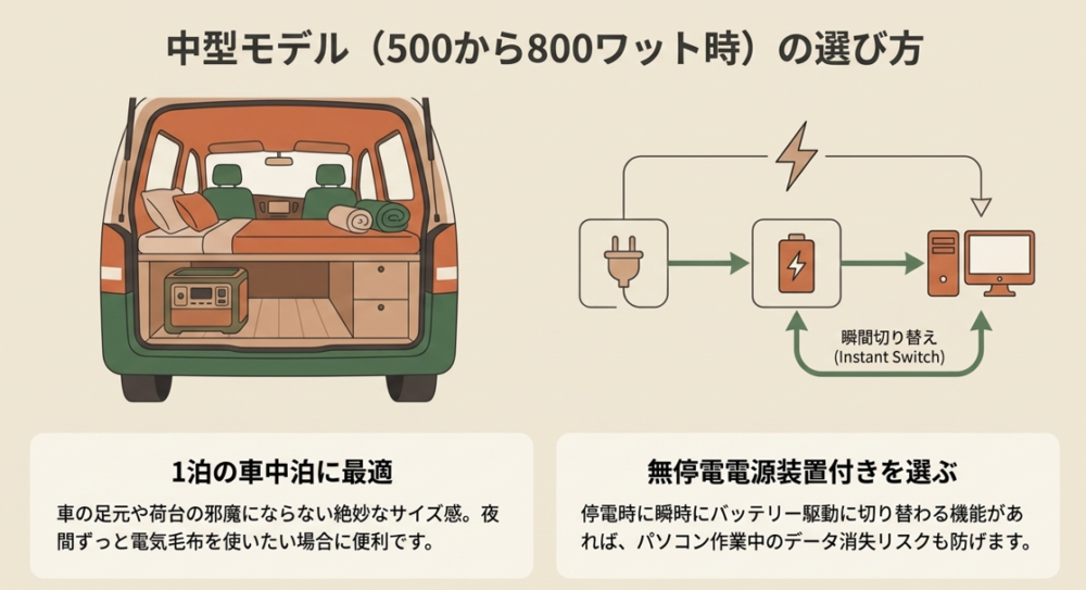 500〜800Whの中型ポータブル電源の選び方。1泊の車中泊に最適で、瞬間切り替えができる無停電電源装置付きを選ぶのがおすすめ。