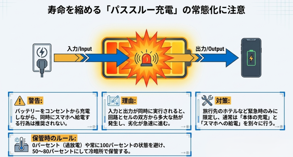 入力と出力が同時に行われるパススルー充電の発熱リスクと、適切なバッテリー保管方法の解説