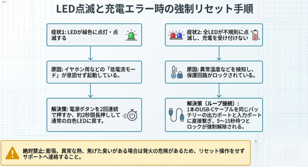 低電流モードの解除方法や、ループ接続を用いた保護回路の強制リセット手順を図解
