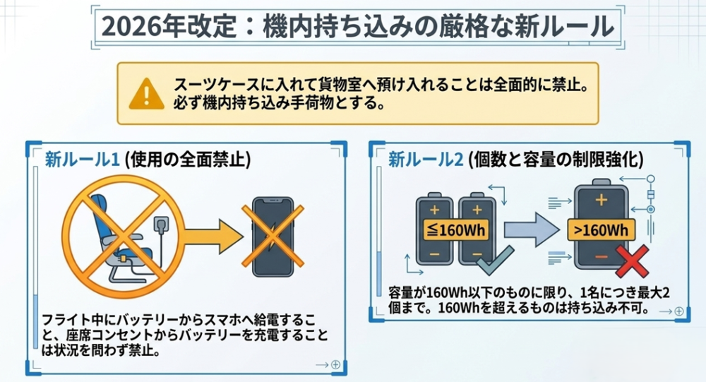 モバイルバッテリーの機内での使用禁止と、160Wh以下・1名最大2個までとする機内持ち込み新ルールの解説