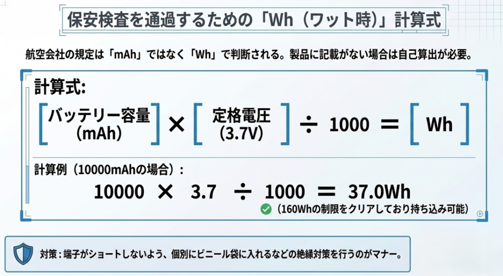 mAhからWhを算出するための計算式と、10000mAhの場合の具体的な計算例