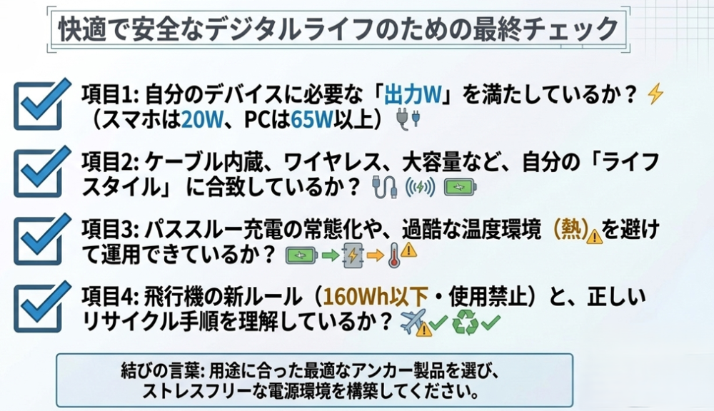 出力W数、ライフスタイルとの合致、パススルー充電の回避、機内持ち込みルールの理解を確認する4つのチェック項目