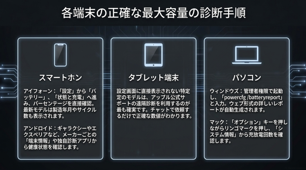 iPhone、Android、タブレット、パソコンごとのバッテリー最大容量の確認手順一覧