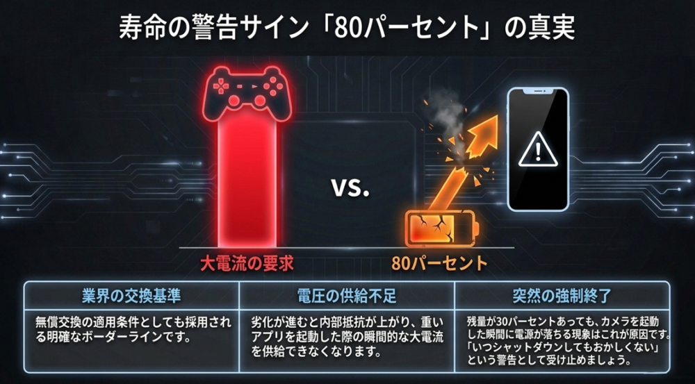 バッテリー最大容量80%が交換目安となる理由と、内部抵抗の上昇による強制終了の仕組み