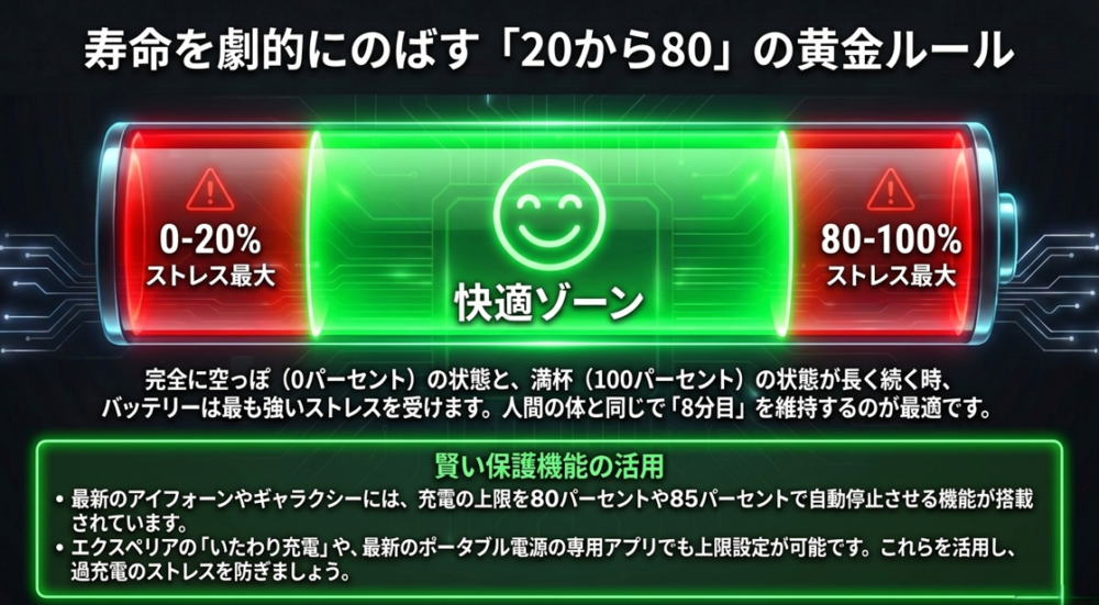 バッテリーへのストレスを最小限に抑える残量20%から80%の快適ゾーンと保護機能の解説
