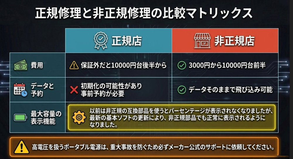 バッテリー交換における正規店と非正規店の費用、データ、最大容量表示の比較表
