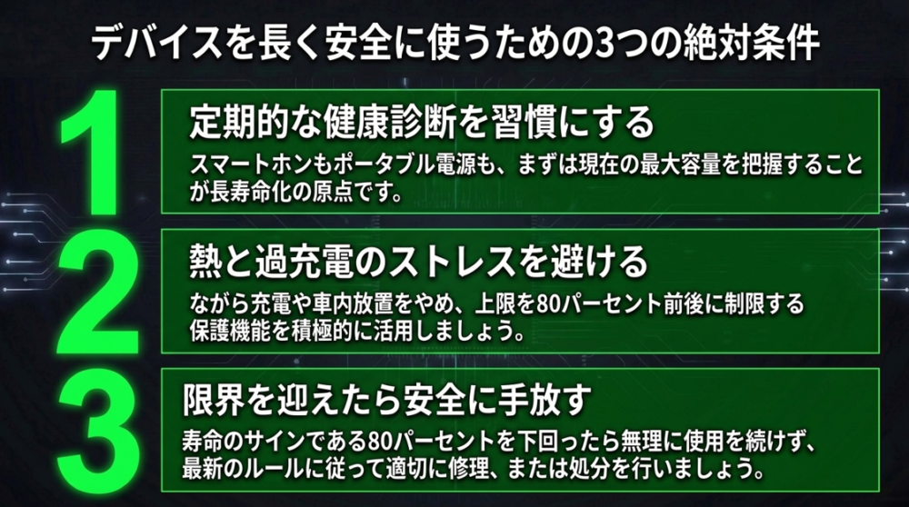 定期的な健康診断、熱と過充電の回避、安全な処分の3つの絶対条件まとめ