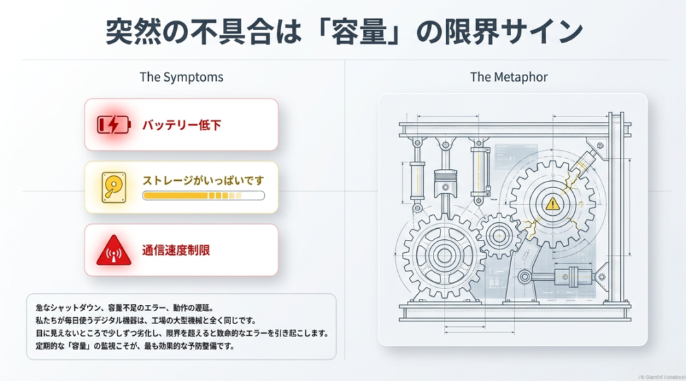 デジタル機器の容量限界を示すサイン。バッテリー低下、ストレージ上限、通信速度制限の警告画面と、歯車が割れた工場の機械のイラスト