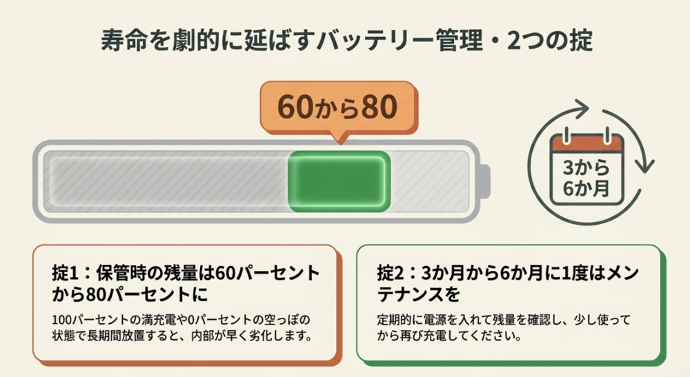 ポータブル電源のバッテリー寿命を延ばすための管理方法。保管時は残量60〜80％にし、3〜6ヶ月に1度はメンテナンスを行うこと