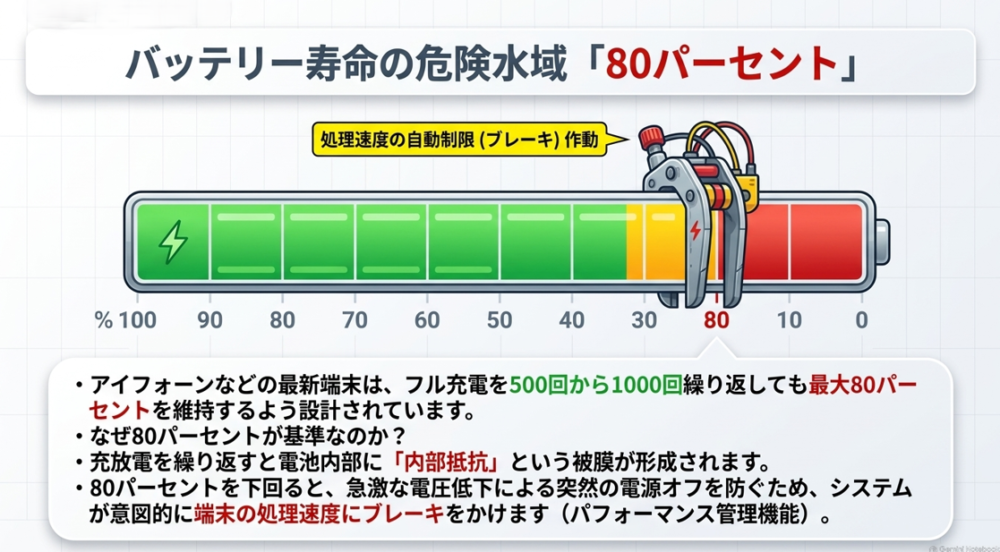 バッテリー寿命の危険水域「80パーセント」。最大容量が80パーセントを下回ると、端末の処理速度の自動制限(ブレーキ)が作動することを示す図解