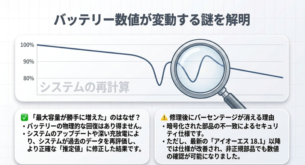 バッテリー数値が変動する謎を解明。システムの再計算によって最大容量が増えたように見える現象や、修理後にパーセンテージが消える理由についての解説。