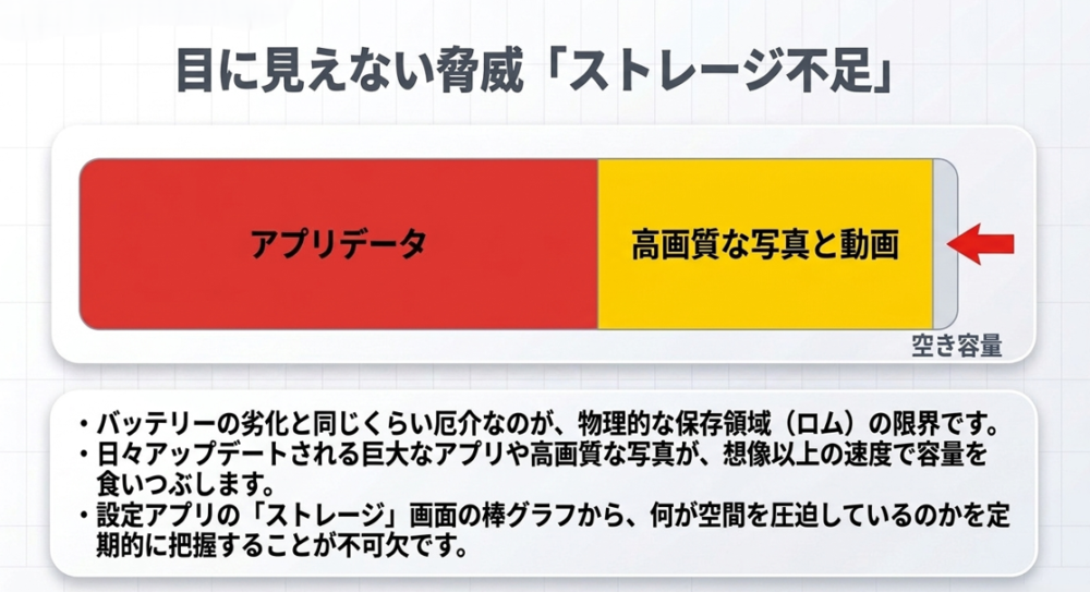 目に見えない脅威「ストレージ不足」。アプリデータや高画質な写真・動画がスマートフォンのストレージ容量を圧迫していることを示すイメージ図。