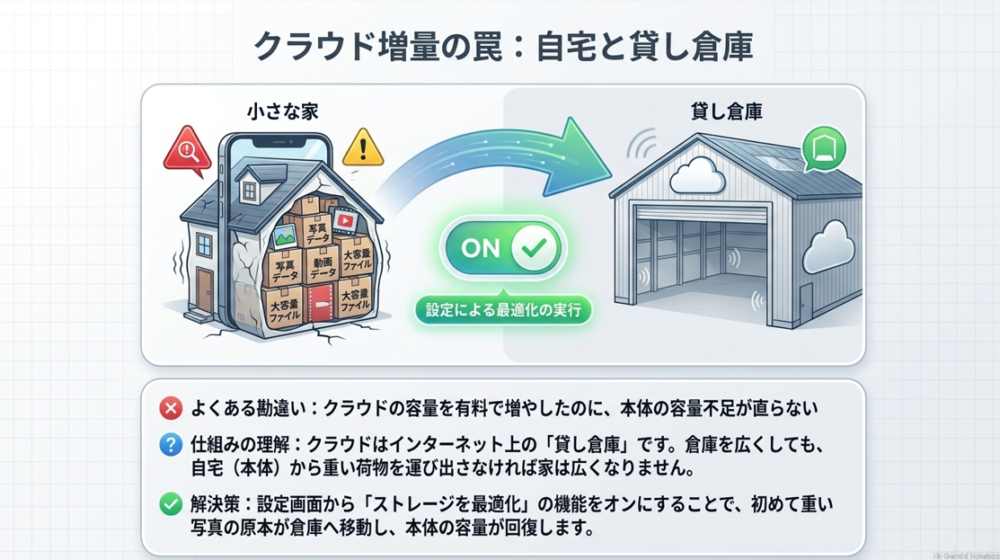 クラウド増量の罠。本体ストレージを自宅、クラウドを貸し倉庫に例え、設定で最適化を行わないと本体の容量不足が解消しないことを説明した図解