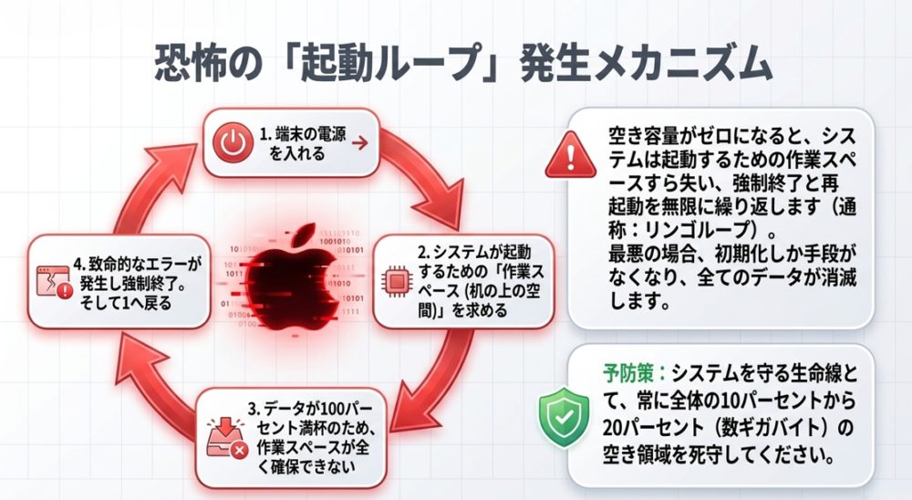 ストレージ空き容量がゼロになると作業スペースが確保できず、致命的なエラーが発生して強制終了と再起動を無限に繰り返す「起動ループ」のメカニズム図解