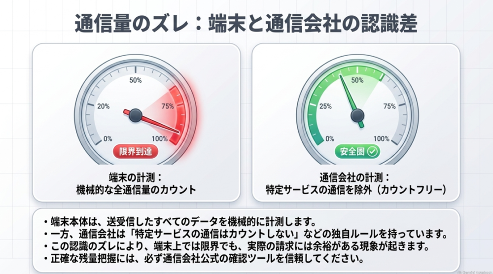 通信量のズレ。端末はすべての通信を計測するが、通信会社は特定サービスを除外するため、両者の認識に差が生じることを示すメーターの図