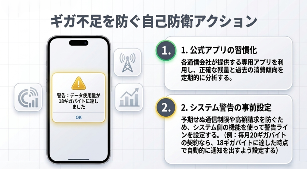 ギガ不足を防ぐ自己防衛アクション。公式アプリでの残量確認の習慣化と、スマートフォンのシステム機能を利用したデータ使用量警告の事前設定