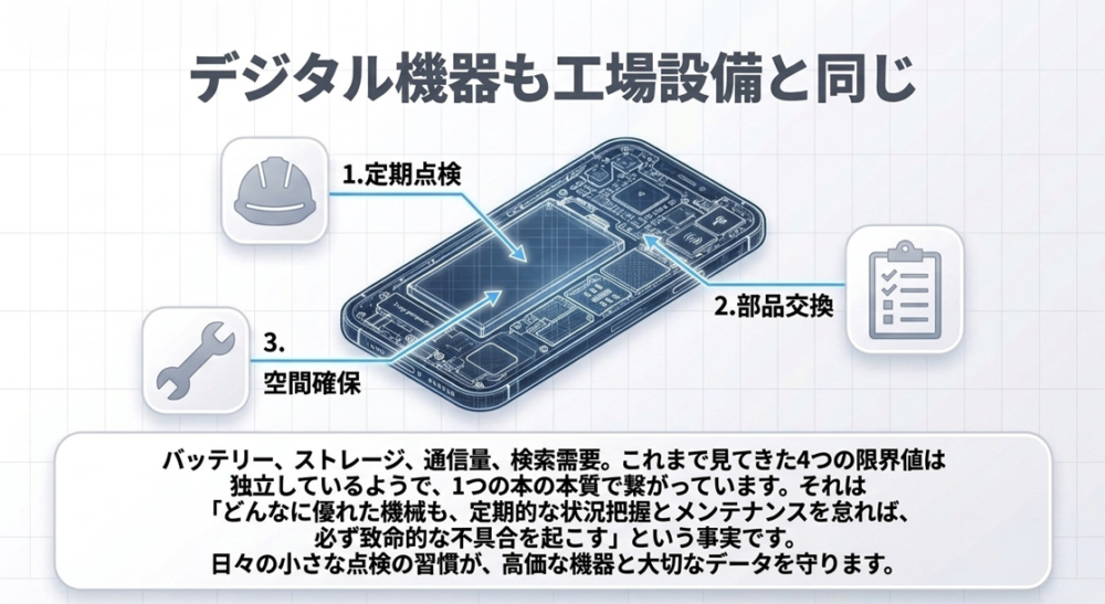 デジタル機器も工場設備と同じ。定期点検、部品交換、空間確保など、定期的な状況把握とメンテナンスが致命的な不具合を防ぐという事実