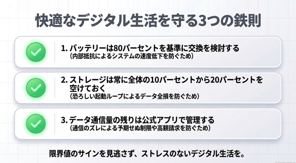 快適なデジタル生活を守る3つの鉄則。1.バッテリーは80%を基準に交換、2.ストレージは常に10〜20%空ける、3.データ通信量は公式アプリで管理する